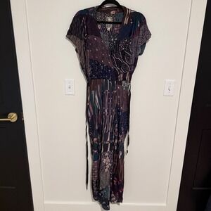 Burning Torch Patchwork Print V-Neck Maxi Dress Purple Blue Earthy Womens Large